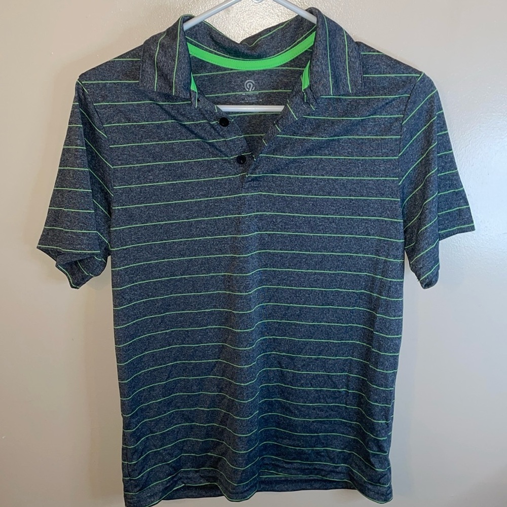 Champion boys size L (12-14) gray polo shirt with green stripes